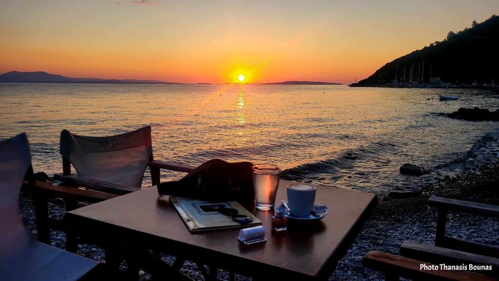 Tyros Peloponnese sunset sea table coffee seaside Greece