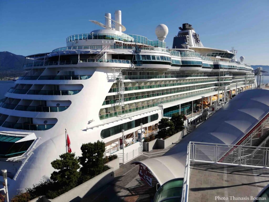 Cruise ship docked at Canada Place terminal in Vancouver British Columbia Canada
