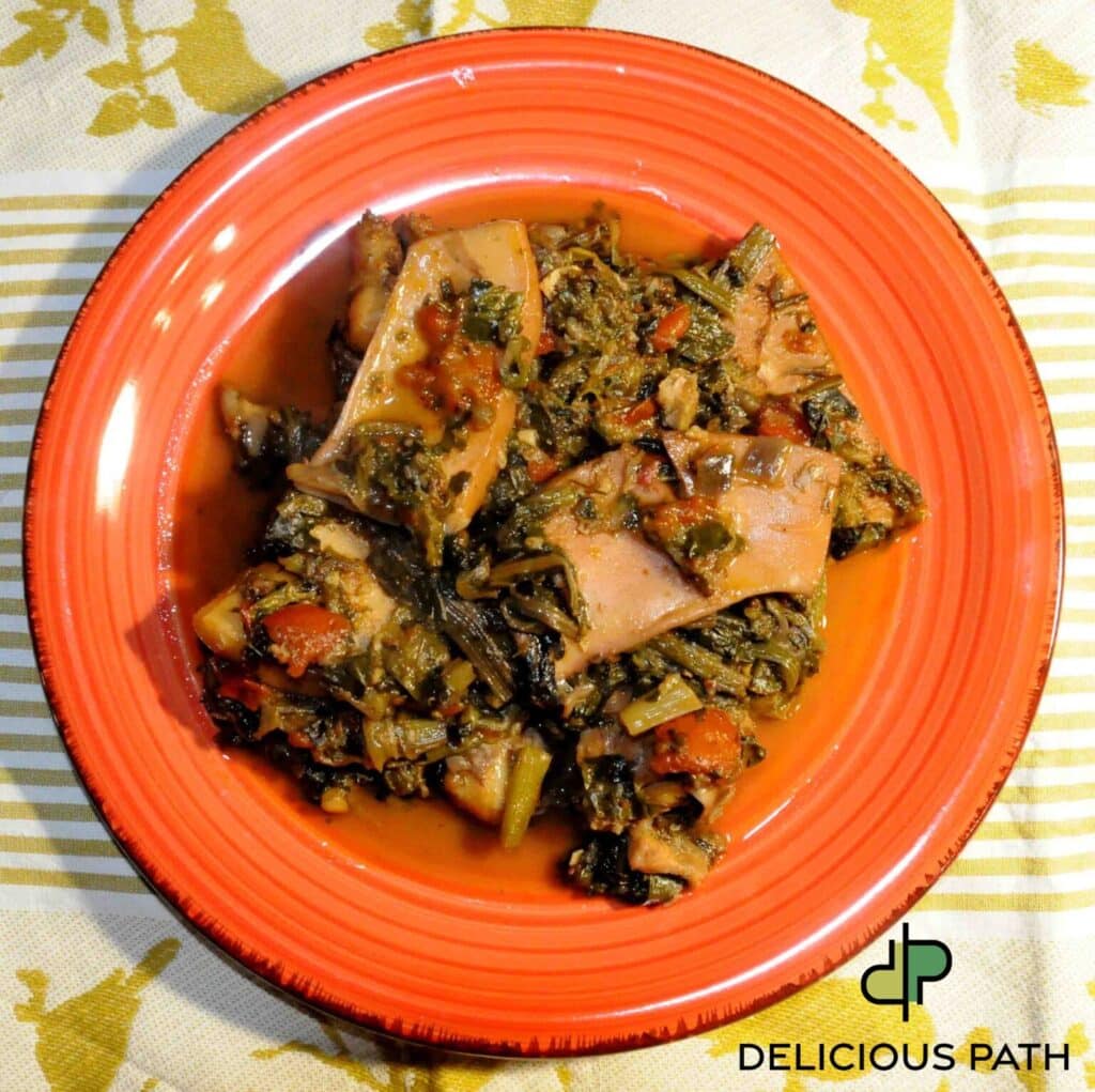 cuttlefish with spinach in tomato sauce on a red plate, symbolizing insight through food and sailing life