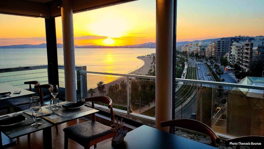 Rooftop restaurant in Faliro Athens Greece with view of Poseidonos Avenue and the sea