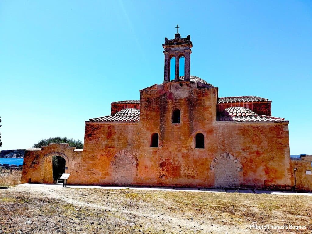 historic stone church Peloponnese Greece Byzantine architecture rural landscape