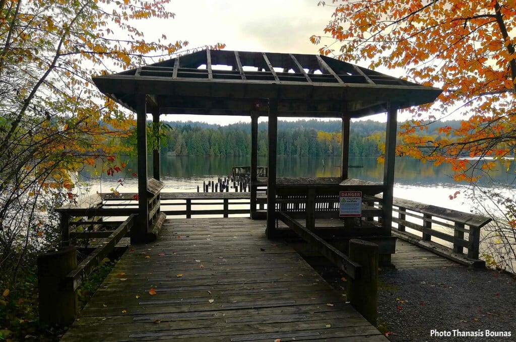 Wooden lakeside gazebo during autumn reflecting slow travel, solo walking, and quiet exploration