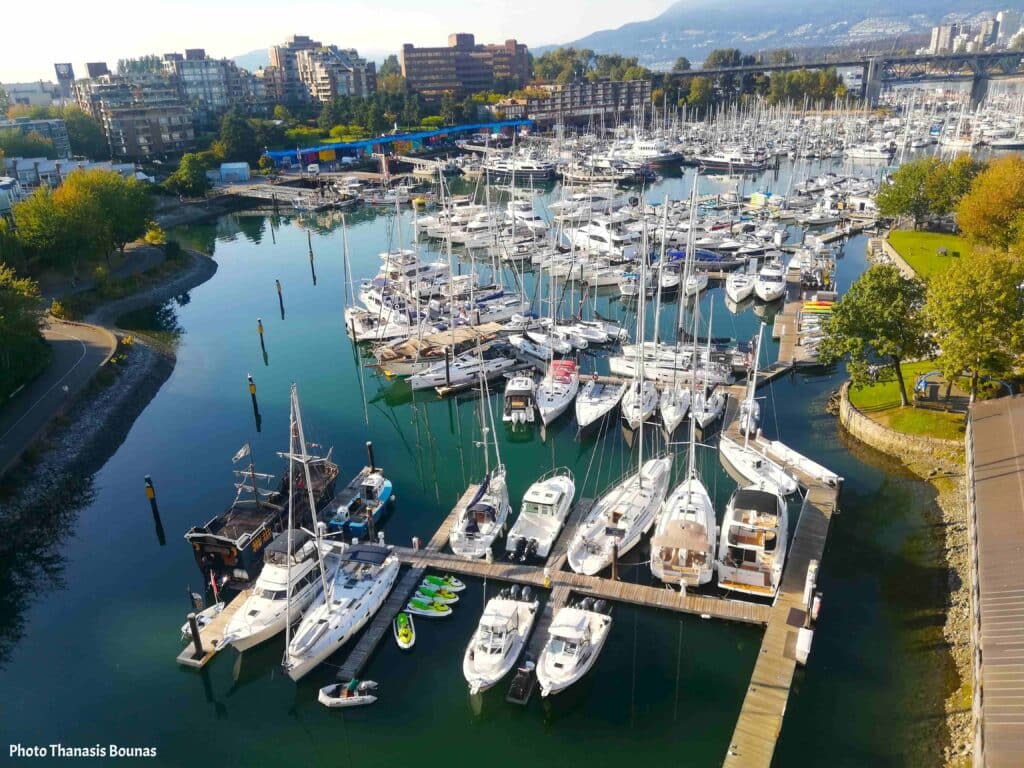 Aerial view of boats and yachts moored at False Creek marina Vancouver British Columbia Canada
