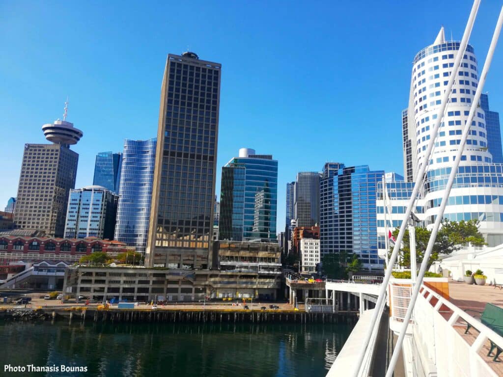 Vancouver Harbour skyline with modern buildings and waterfront in Vancouver British Columbia Canada

