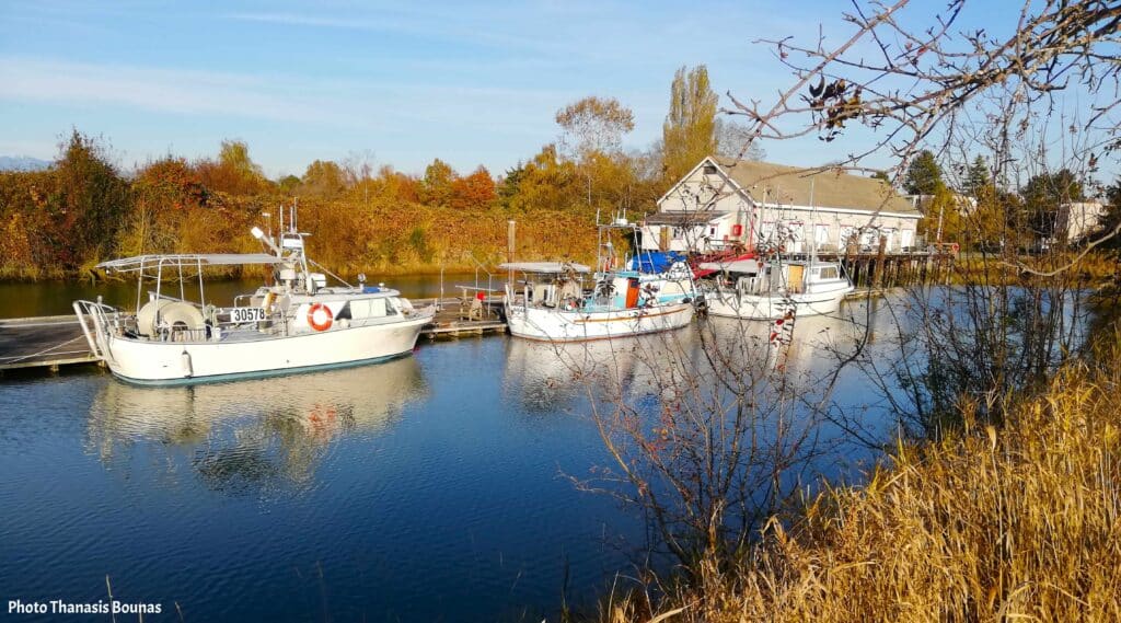 Fishing boats moored along a channel in Steveston Richmond British Columbia Canada
