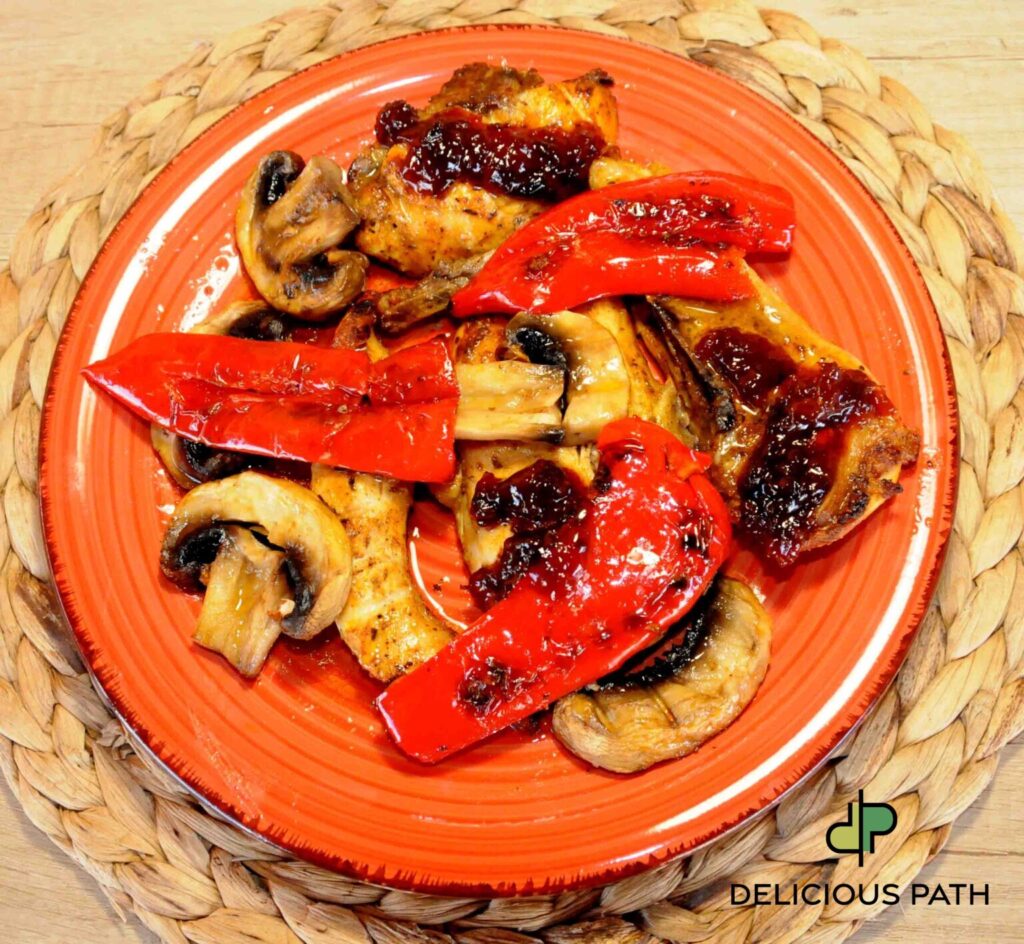 Grilled chicken with mushrooms and red peppers symbolizing courage and bold culinary exploration