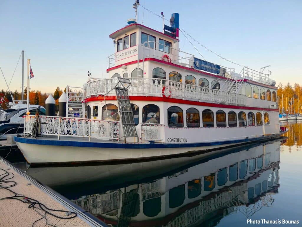 Classic passenger boat docked at Coal Harbour Marina Vancouver British Columbia Canada