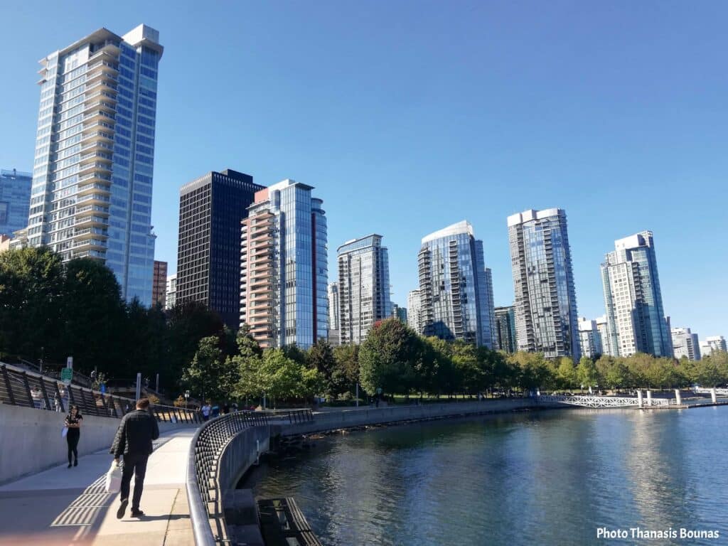 Komagata Maru Memorial Vancouver waterfront with skyline and walking path by the water