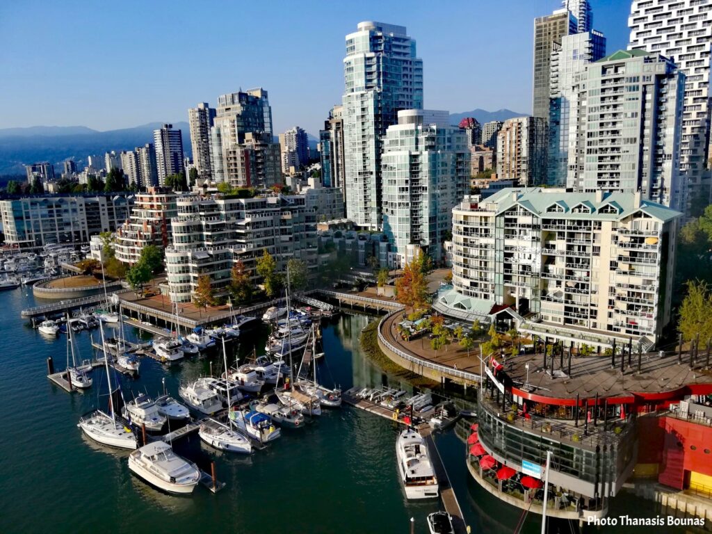 Aerial view of Quayside Marina and Yaletown skyline False Creek Vancouver British Columbia Canada
