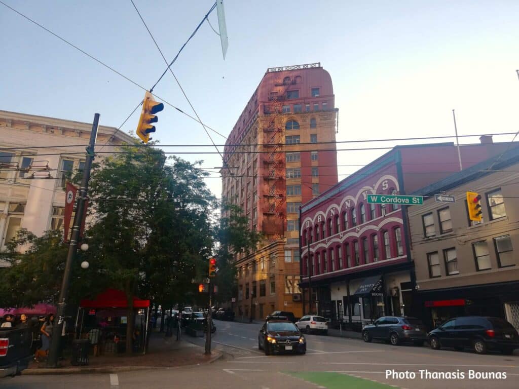 Historic buildings along West Cordova Street in Gastown Vancouver British Columbia Canada
