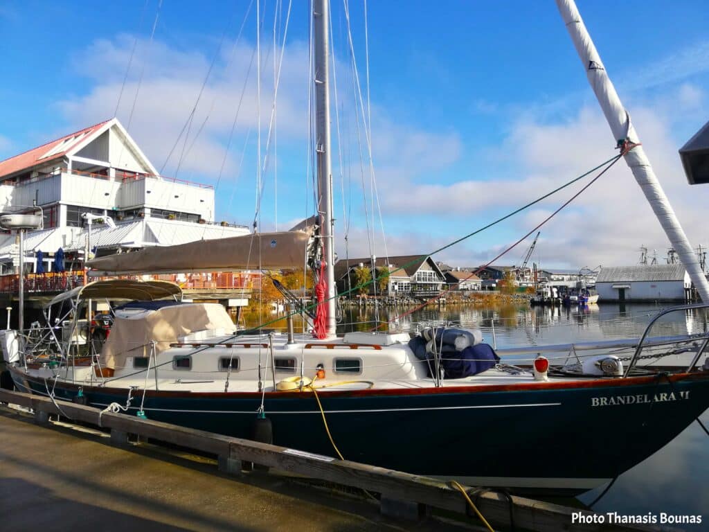 Sailboat moored at Steveston Harbour Steveston Village Richmond British Columbia Canada
