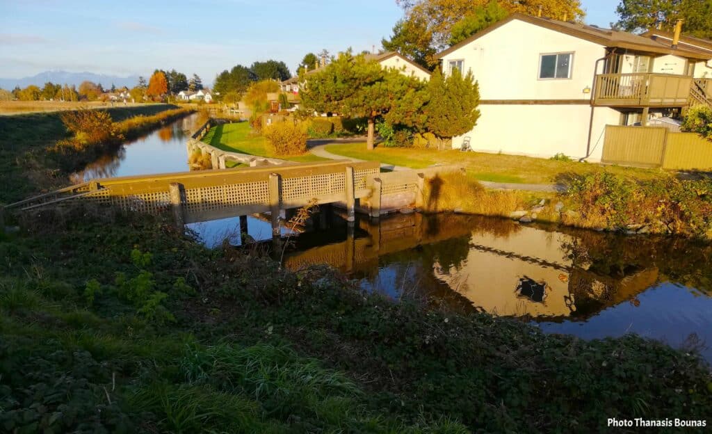 residential canal with small bridge in Richmond British Columbia Canada peaceful landscape