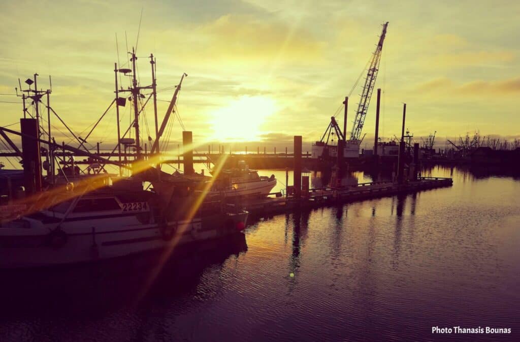 Fishing boats silhouette at sunset Fisherman's Wharf Steveston Richmond British Columbia Canada

