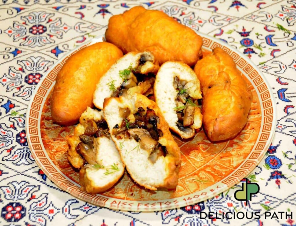 Mushroom-filled bread rolls on decorative plate symbolizing psychological shelter through food during travel