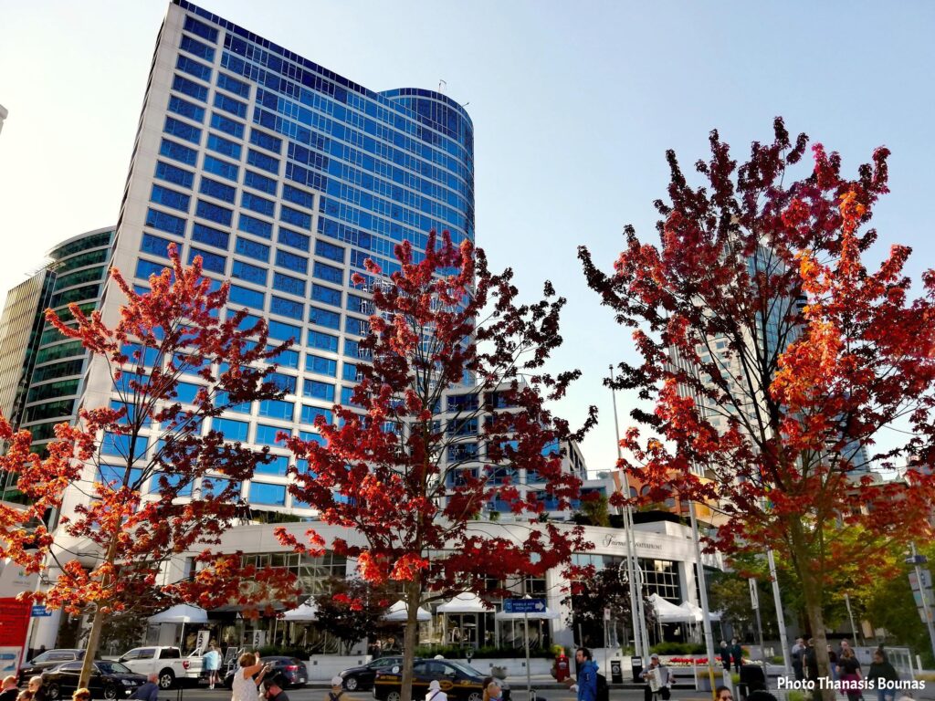 Modern glass buildings in Vancouver with autumn trees near Canada Place in British Columbia Canada
