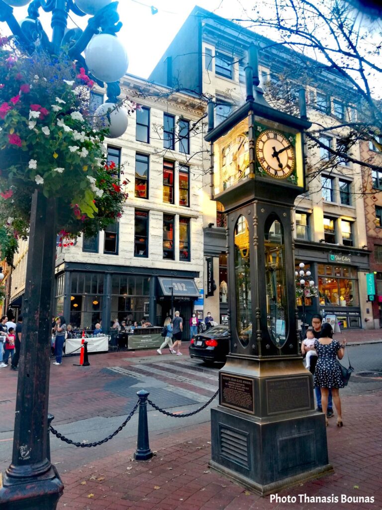 Gastown Steam Clock on Water Street with historic buildings in Gastown Vancouver British Columbia Canada