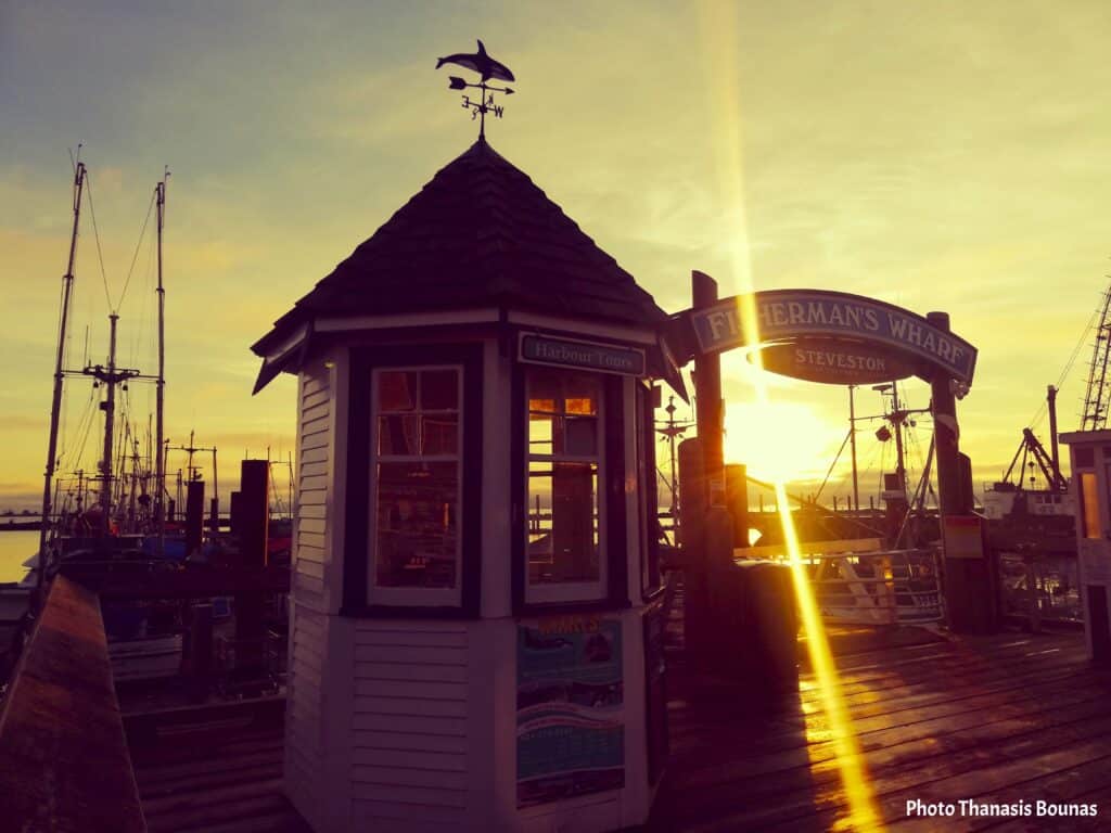 Fisherman’s Wharf Steveston Vancouver at sunset with fishing boats and harbor reflections