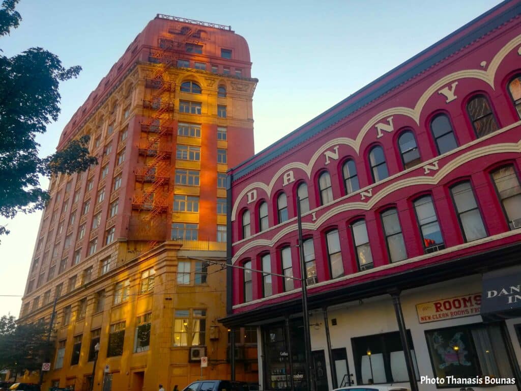 Historic brick buildings in Gastown district of Vancouver British Columbia Canada at sunset
