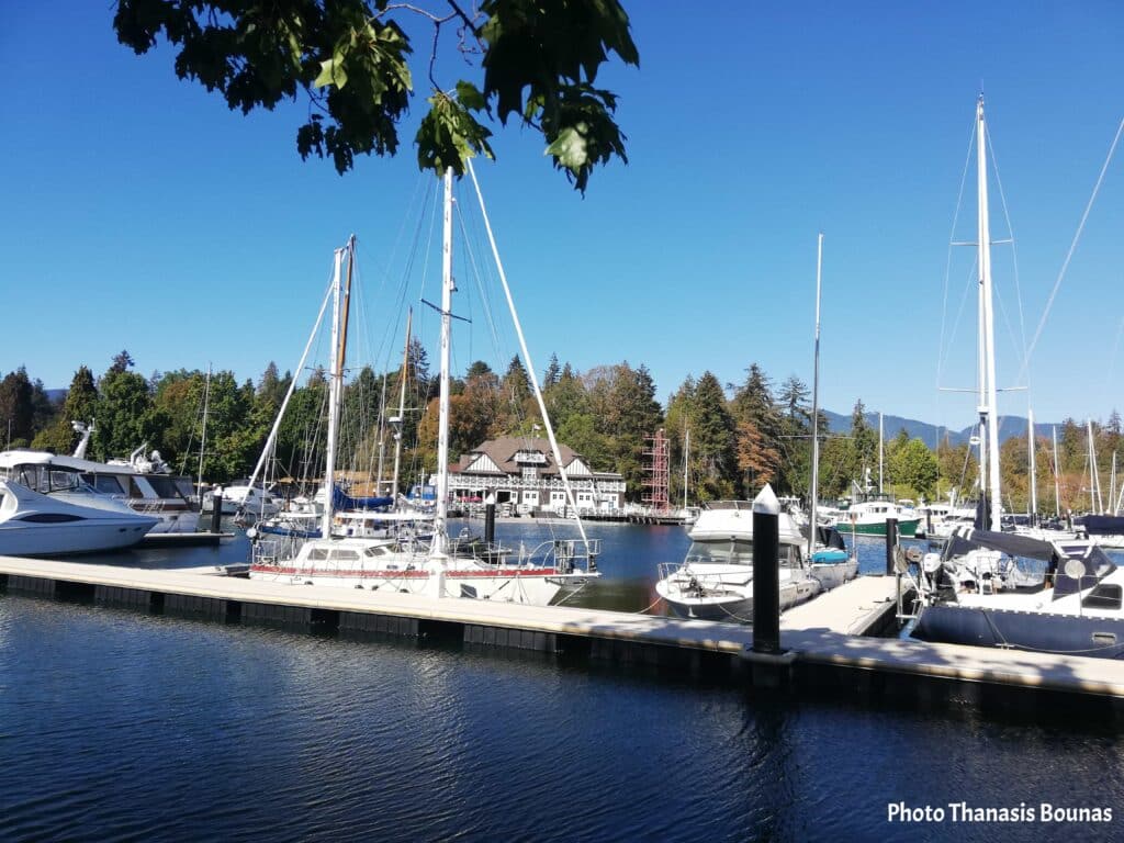 Sailboats at marina near Vancouver Rowing Club Coal Harbour Vancouver British Columbia Canada
