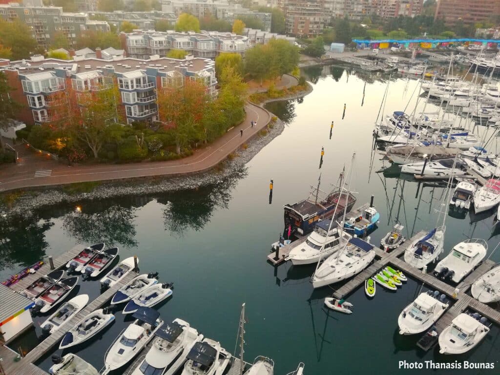 Aerial view of sailboats and marina at Island Park Walk in False Creek Vancouver