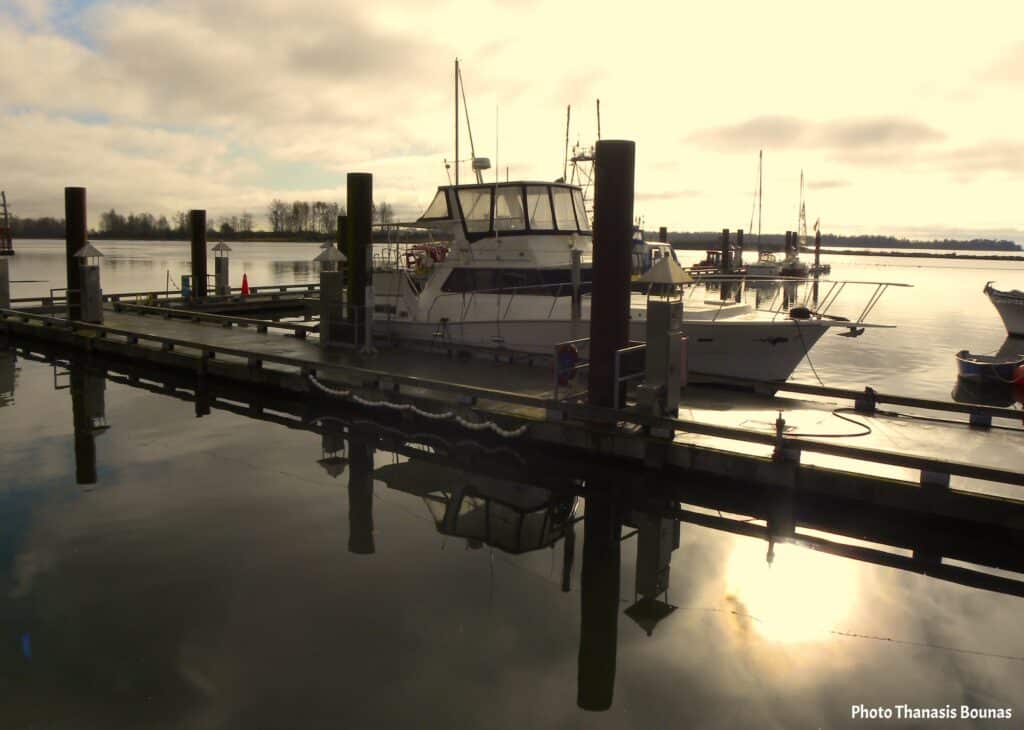 Recreational fishing boat docked at Steveston Fisherman’s Wharf marina