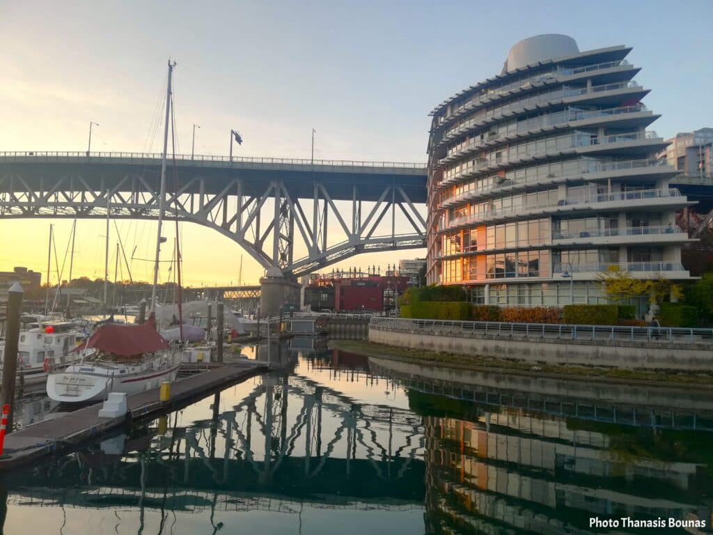 Sailboat resting in False Creek marina beneath Granville Bridge in Vancouver