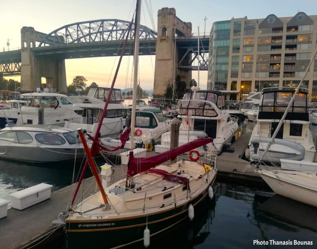 Sailing boats docked near Burrard Street Bridge in Vancouver marina