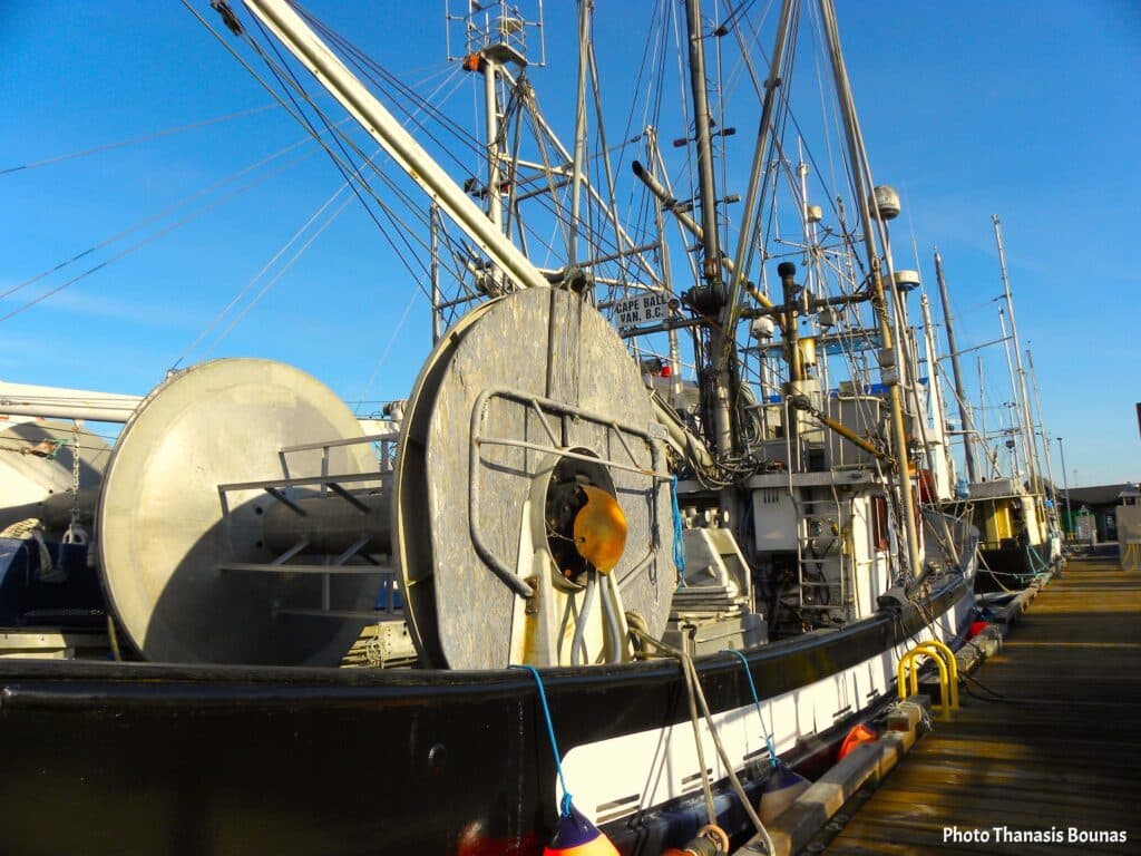 Professional fishing vessel deck and equipment at Steveston Harbour in Richmond British Columbia
