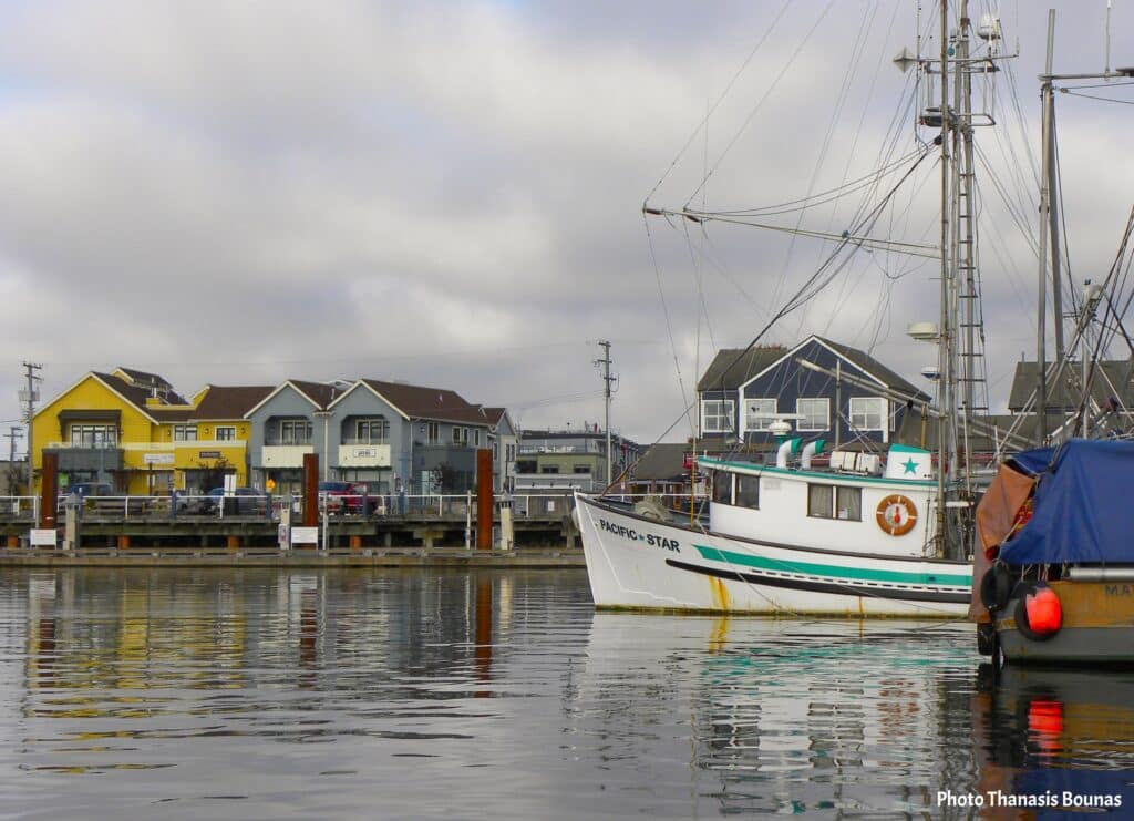 Fishing boat docked at Steveston Harbour Fisherman's Wharf in Richmond British Columbia
