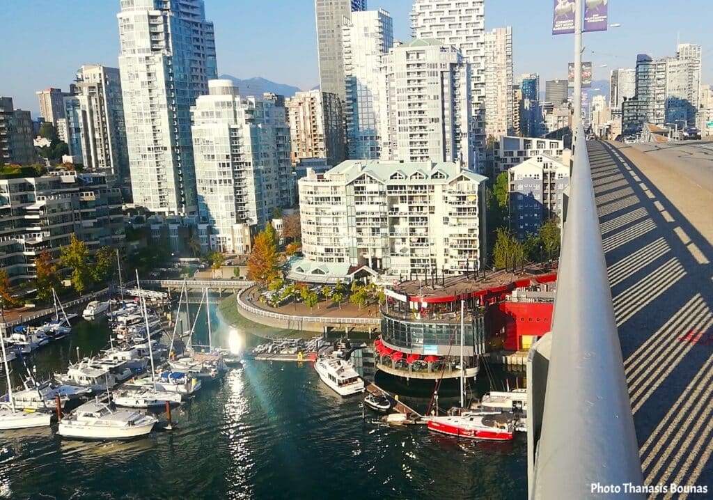 View of False Creek Yacht Club marina from Granville Bridge in Vancouver