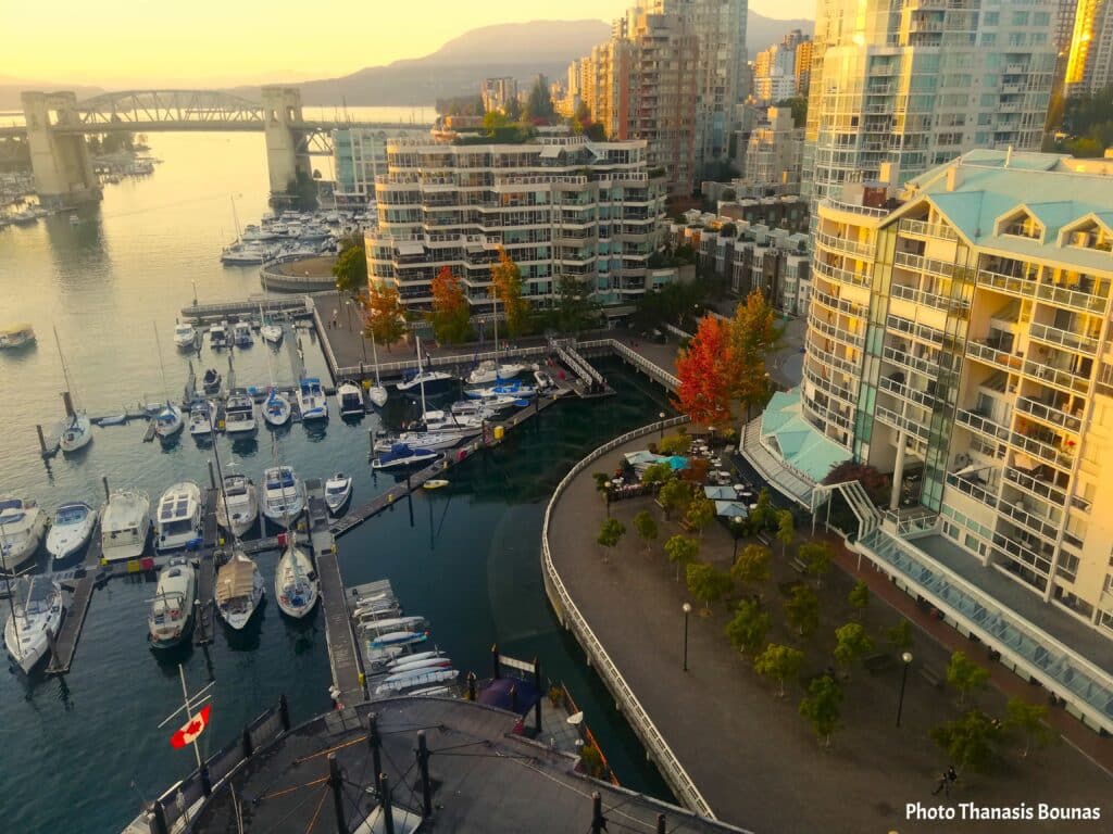 View from Granville Bridge toward Burrard Street Bridge and the marinas of False Creek in Vancouver
