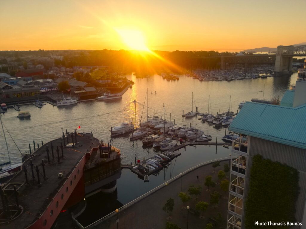 Sunset view from Granville Bridge overlooking Granville Island marina in Vancouver
