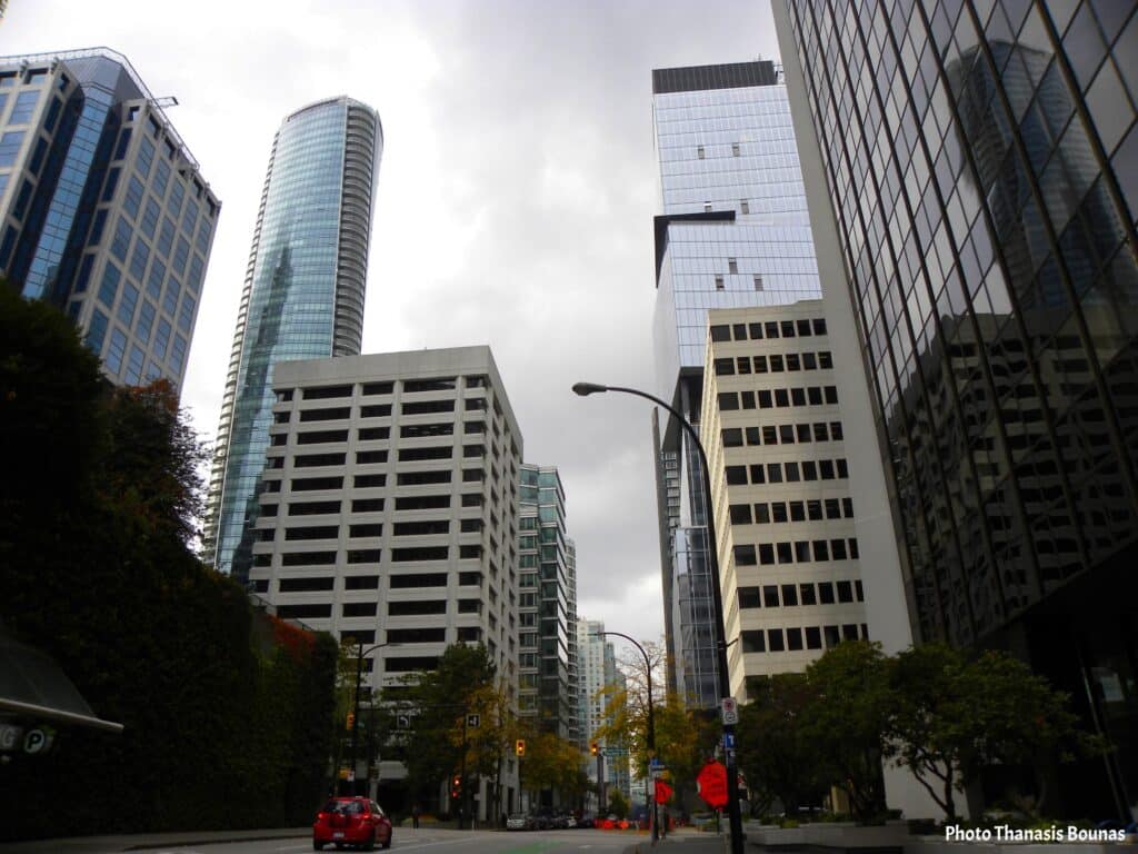 Skyscrapers on Thurlow Street in downtown Vancouver during autumn