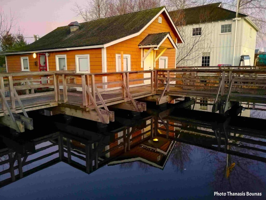 Historic heritage building and boardwalk at Britannia Shipyards in Steveston