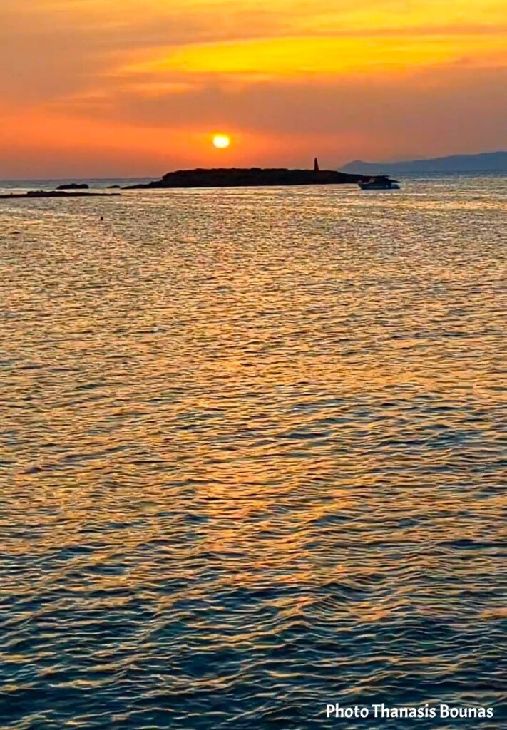 Golden sunset over the Aegean Sea among the Dodecanese Islands of Greece