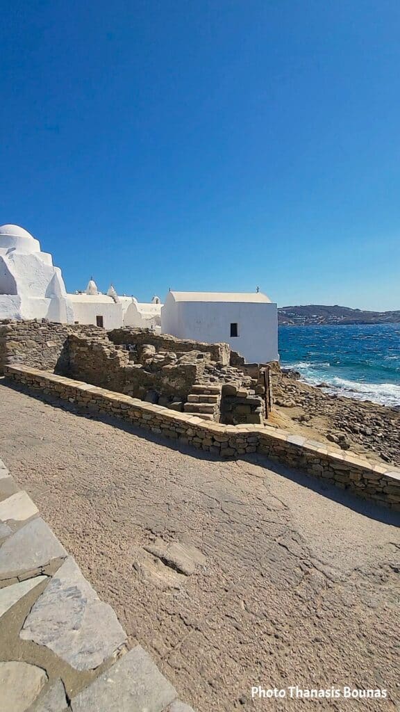 Mykonos coastline and deep blue Aegean Sea in the Cyclades, Greece