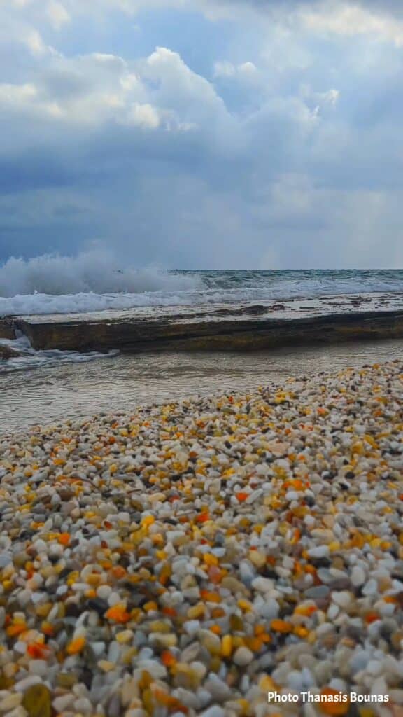 Waves meeting the pebble shoreline of Tilos in the Dodecanese, Greece. Photo by Thanasis Bounas.