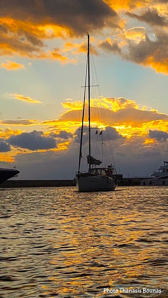Sailing from Nisyros across the Aegean Sea at sunset